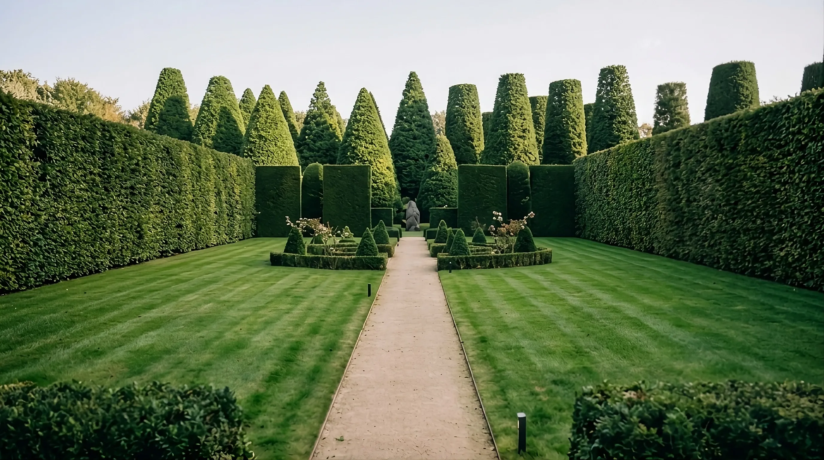 Taman bergaya topiary dengan jalan setapak menuju taman formal
