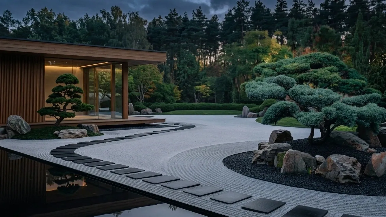 Taman zen dengan paviliun kayu, kolam, dan pohon topiary di tengah kerikil putih