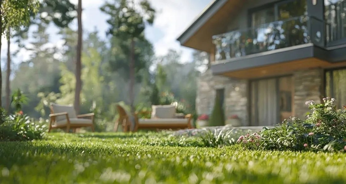 Halaman rumah modern dengan kursi santai dan rumput hijau