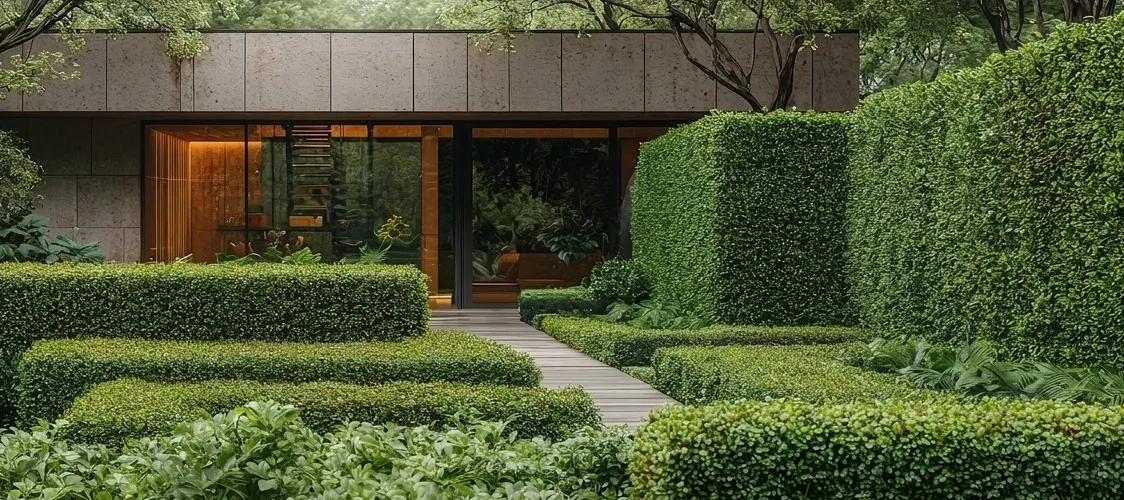Rumah modern dengan pagar tanaman rapi dan jalan setapak kayu menuju teras