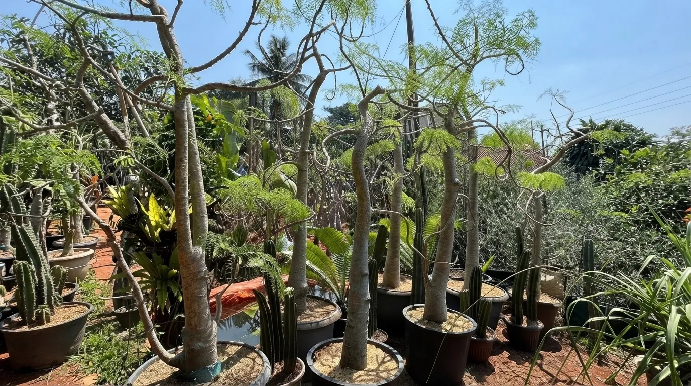 Deretan pohon dalam pot di area pembibitan
