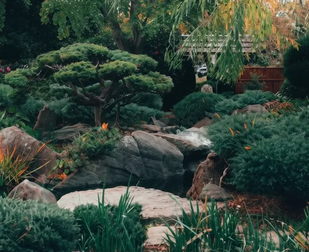 Pohon willow dan bonsai di tepi kolam taman Jepang