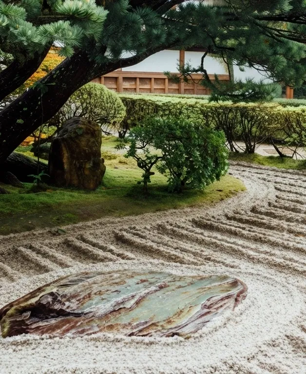 Pohon pinus besar menaungi taman batu Jepang dengan pasir bermotif garis